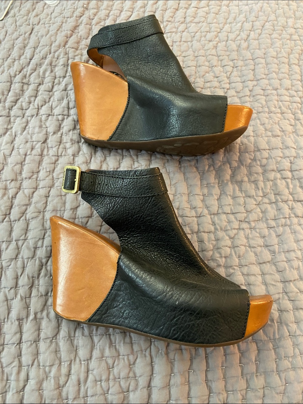 Kork-Ease Black and Tan Leather Wedge Sandals